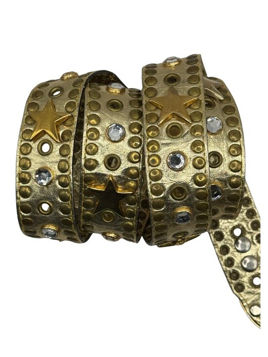 Gold Leather Studded Star Belt Rhinestone Grommet Western Rock Glam 41” main image 4